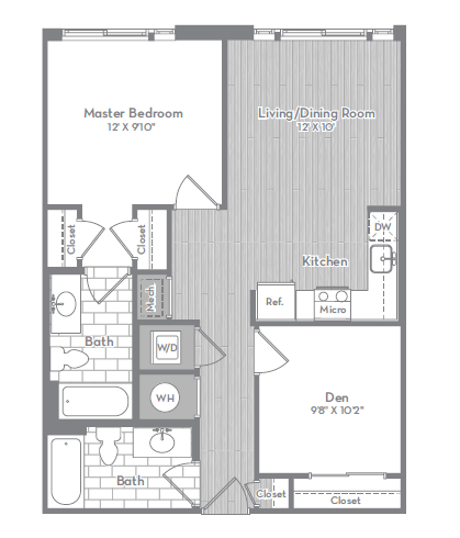 Floor plan for 2 beds, 2 baths, 945 sqft